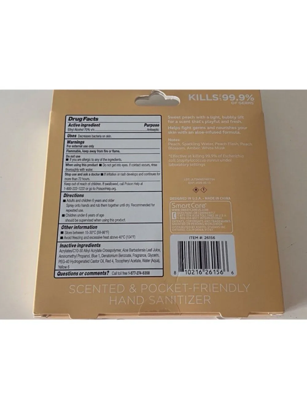 2 Pk 1.35 Fl Oz Smart Care Scented Hand Sanitizer Spray Peach Bellini Glitter